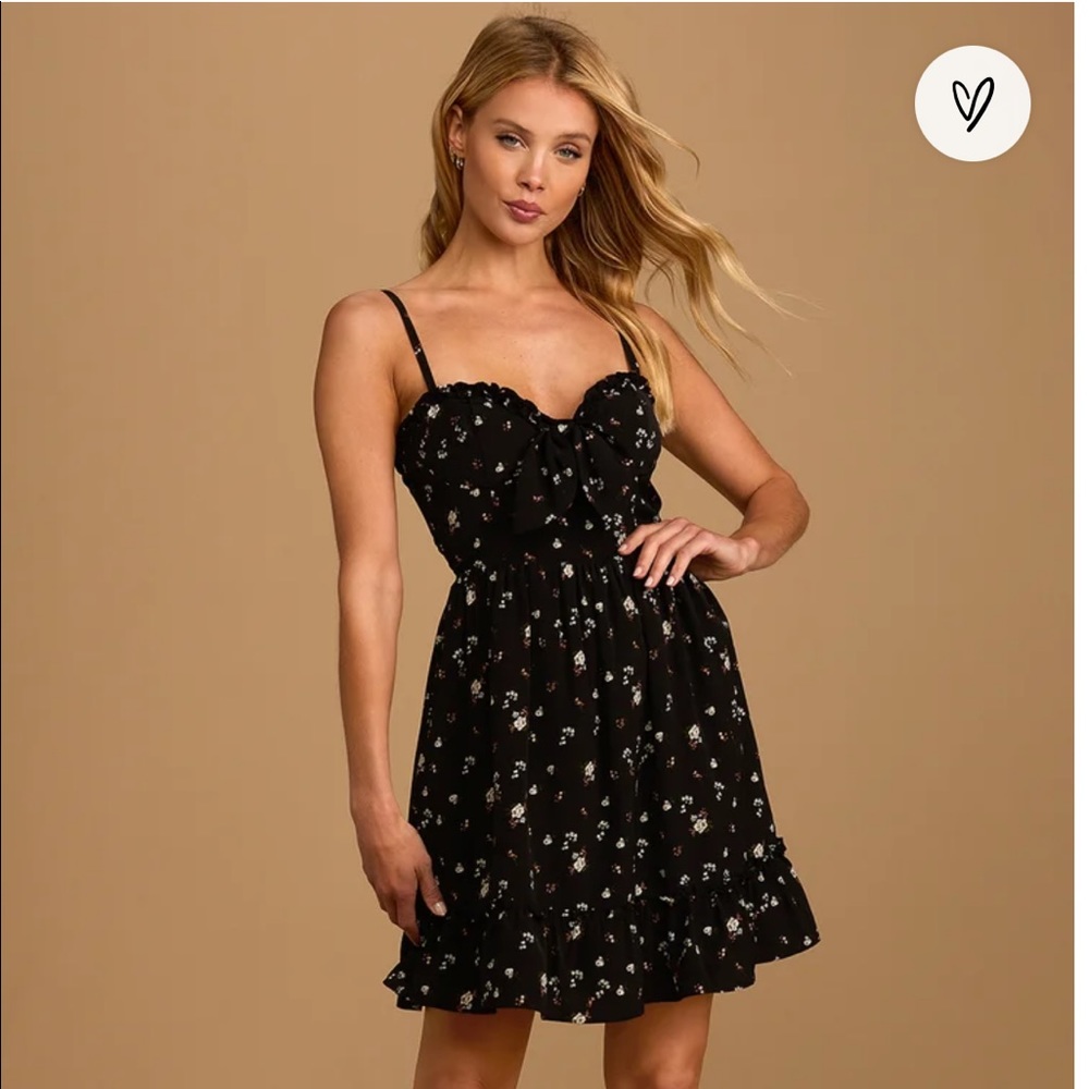 Lulu’s Romantic Muse Black Floral Tie Mini Dress